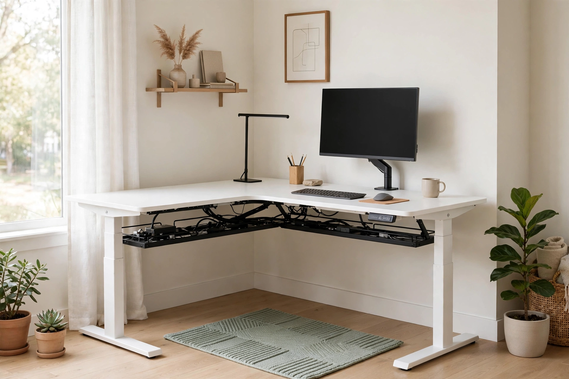 White L-shaped sit-stand corner desk raised to standing height with monitor arm