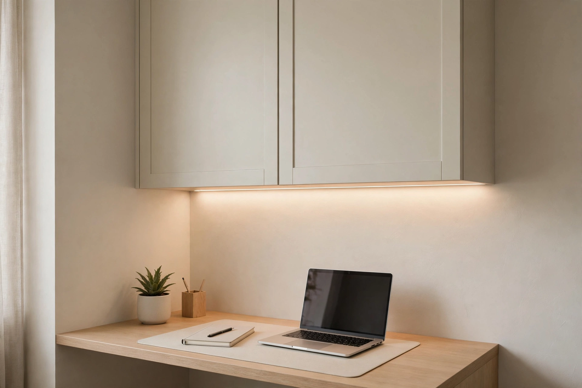 Corner desk with wall-mounted upper cabinets and under-cabinet LED lighting