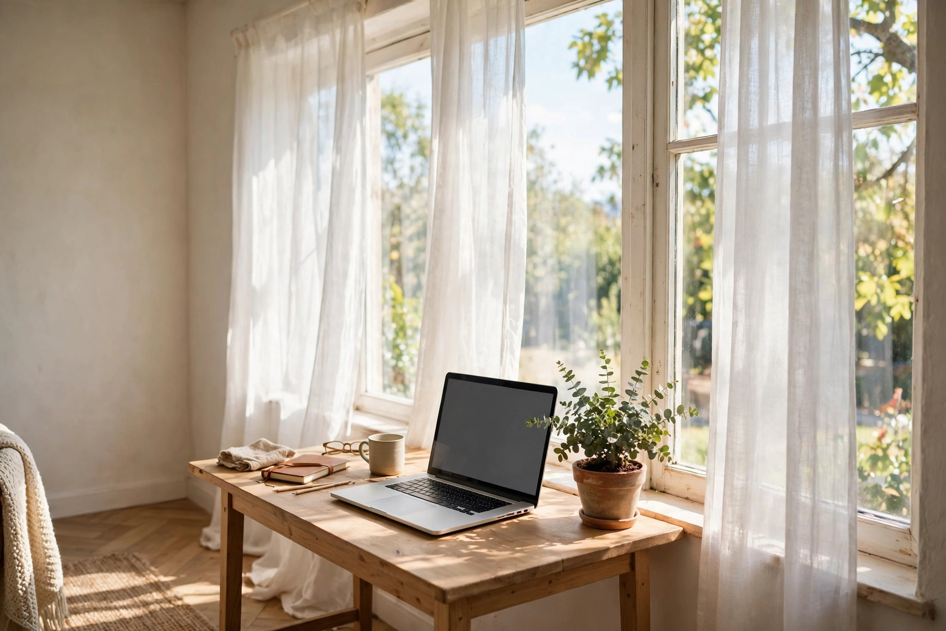 Corner desk beside a large bright window with sheer curtains, laptop and plant on the desk