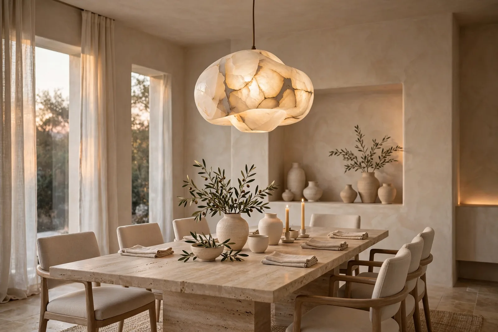 Glowing backlit alabaster pendant chandelier over a travertine dining table