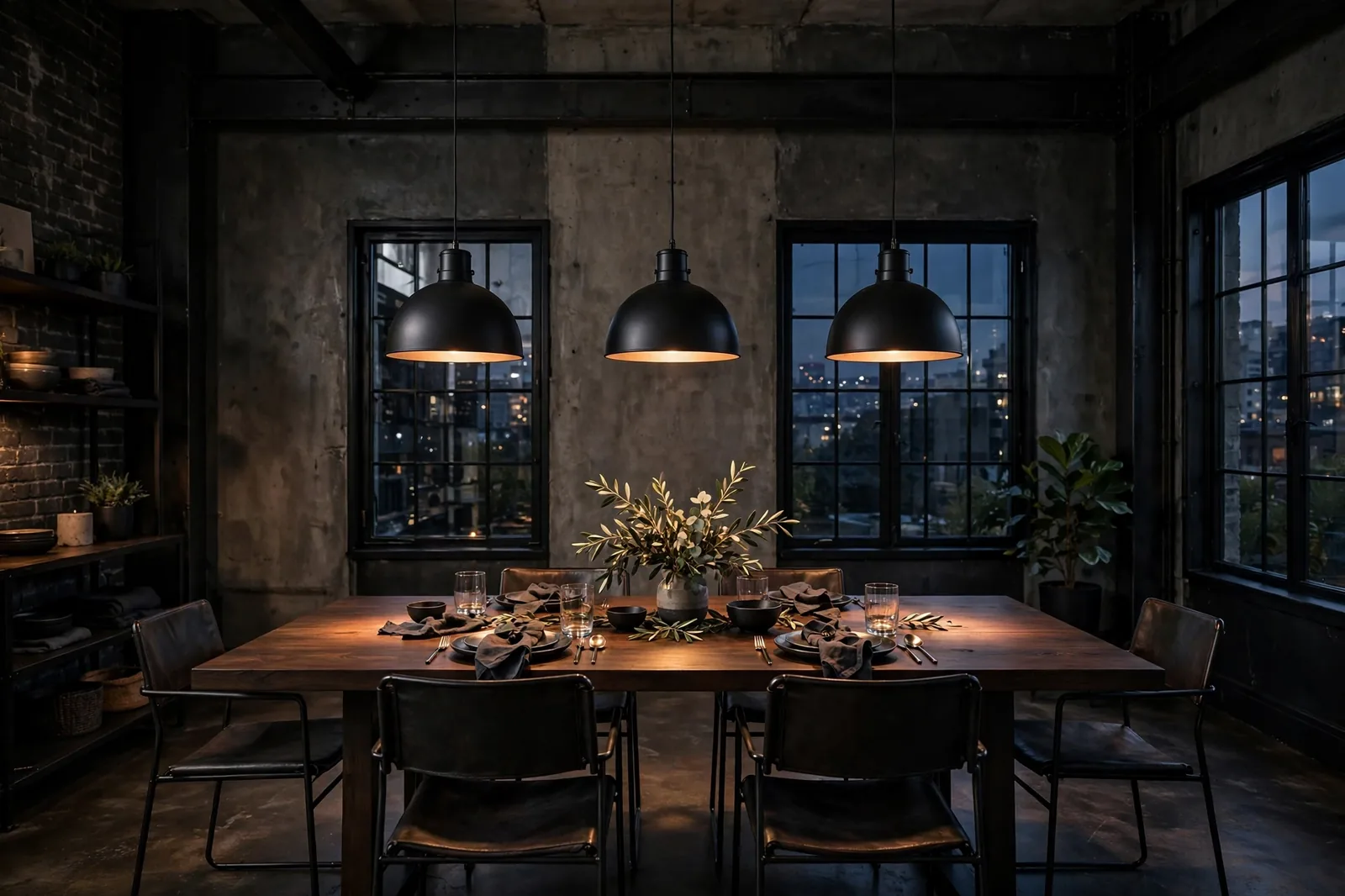 Three matte black dome pendant lights in a row over a dark wood dining table