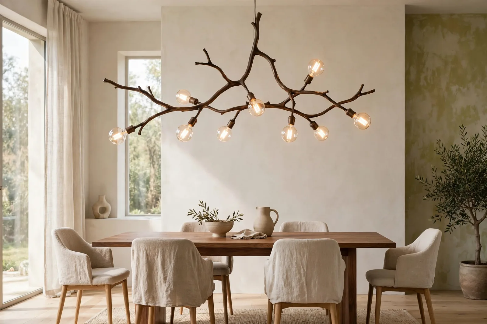 Organic bronze branch chandelier with warm bulbs above a walnut dining table