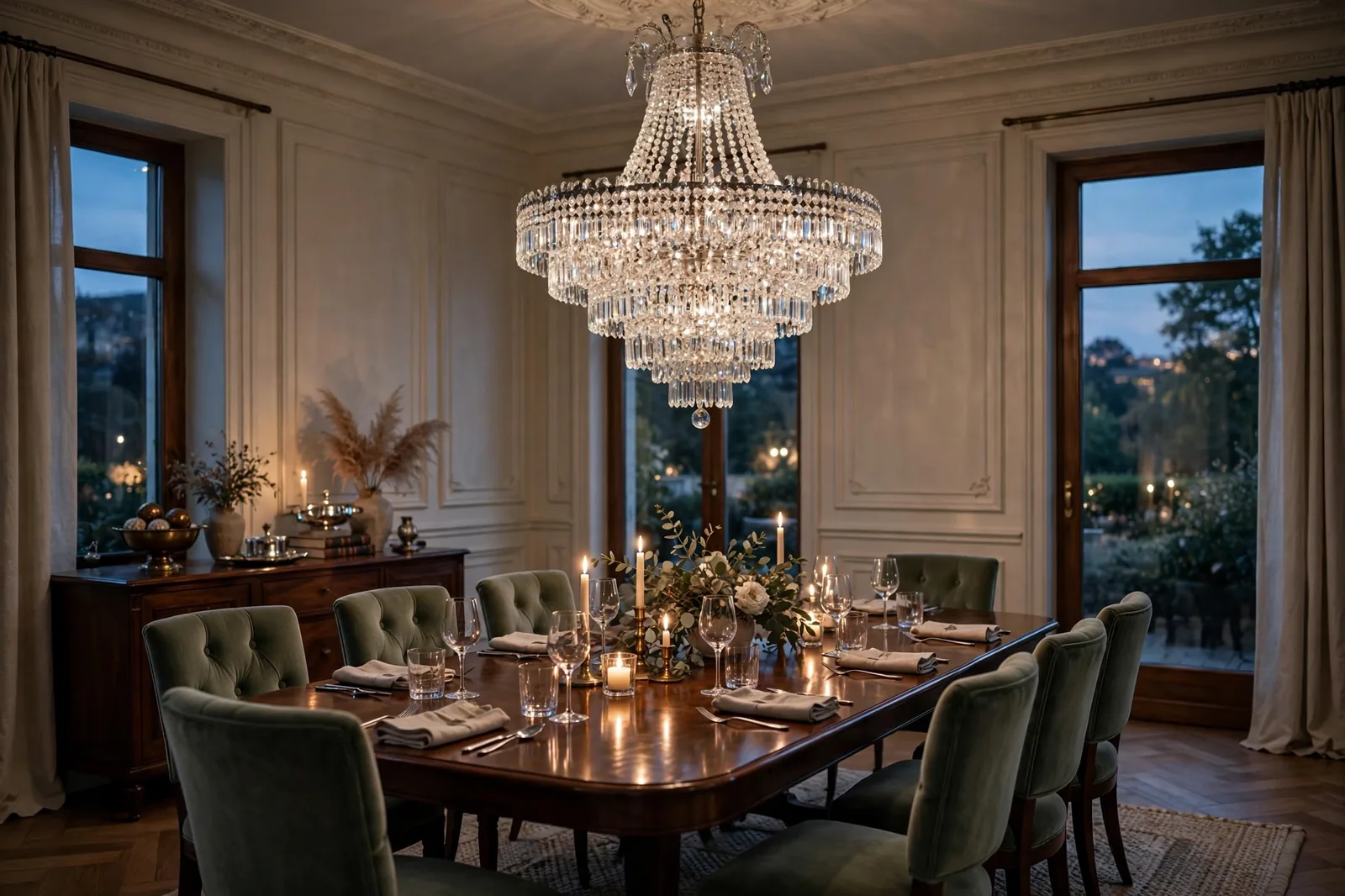 Tiered crystal chandelier sparkling above a formal dark wood dining table