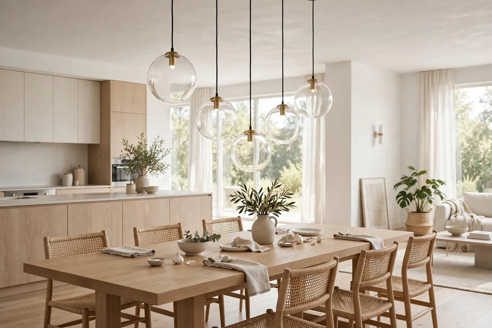 Cluster of clear glass globe pendant lights at staggered heights over a long oak table