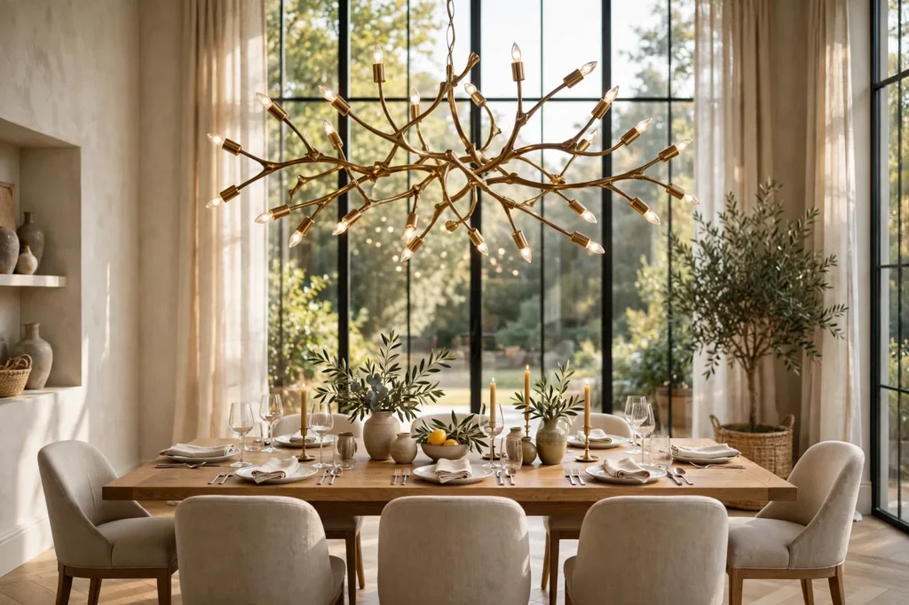 Sculptural brass branch chandelier glowing over a set oak dining table in a bright dining room