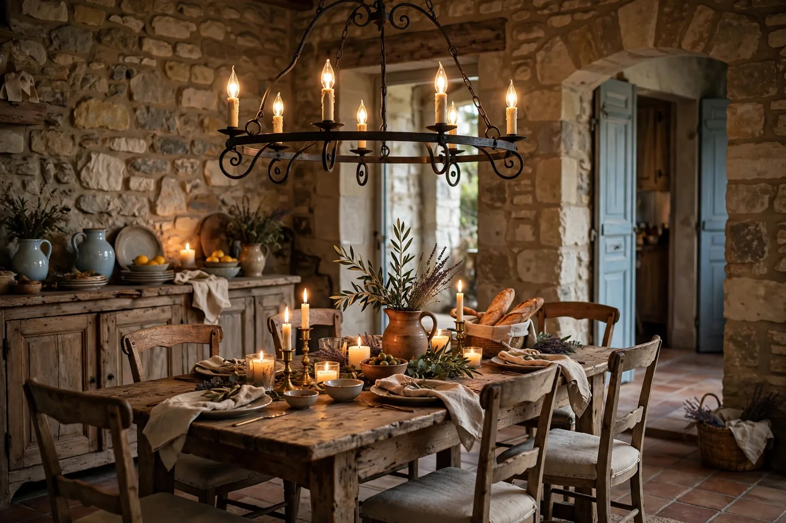 Curved wrought iron candle-style chandelier over a rustic wood dining table
