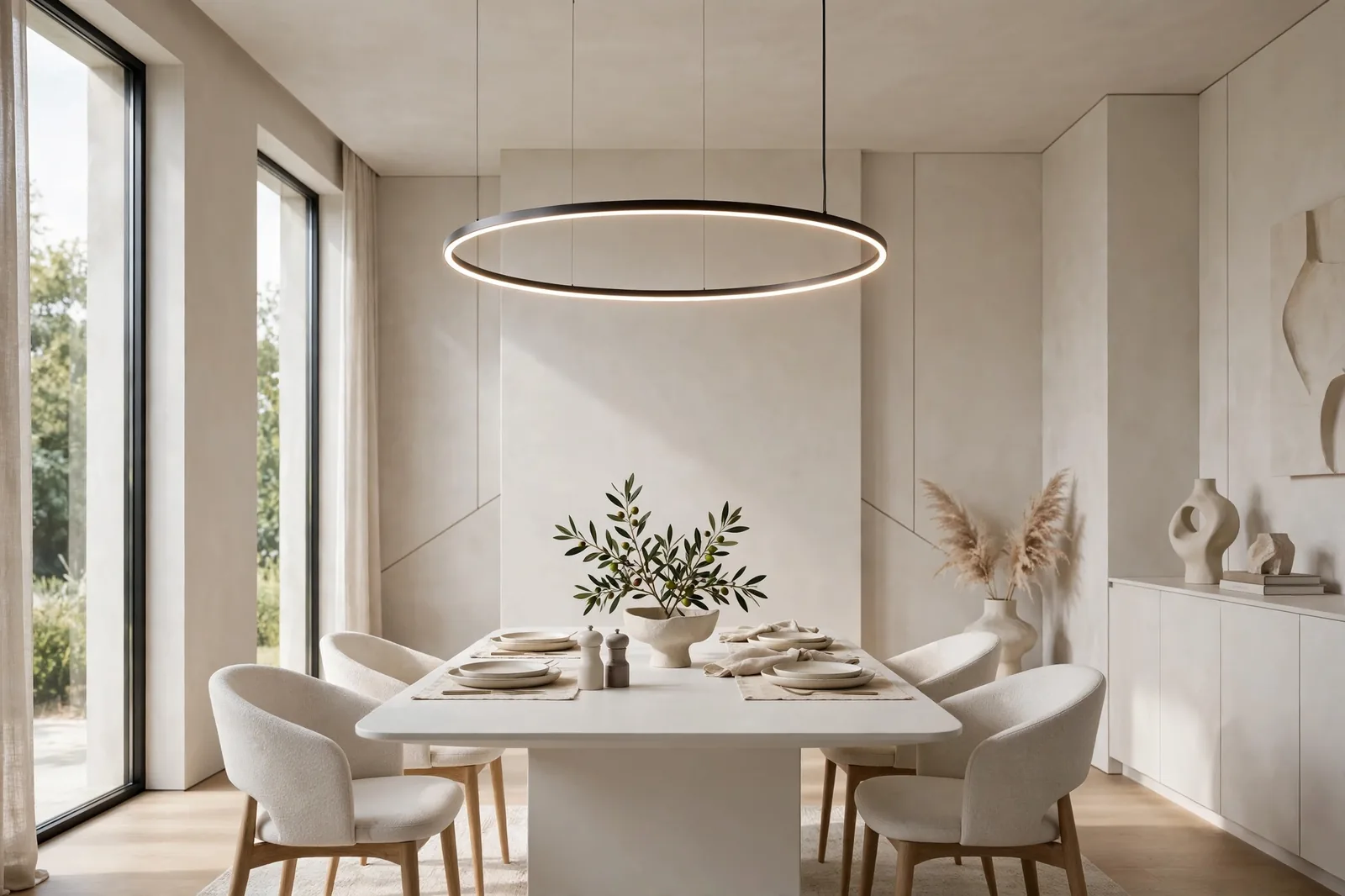 Slim circular LED ring chandelier glowing above a white dining table