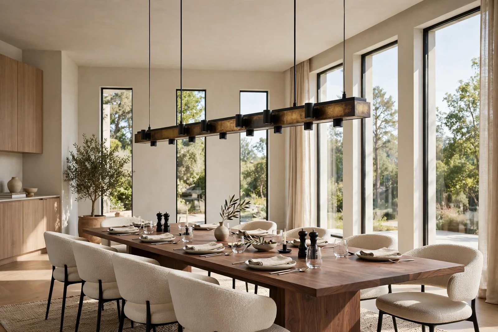 Long linear aged brass chandelier hanging over a rectangular walnut dining table