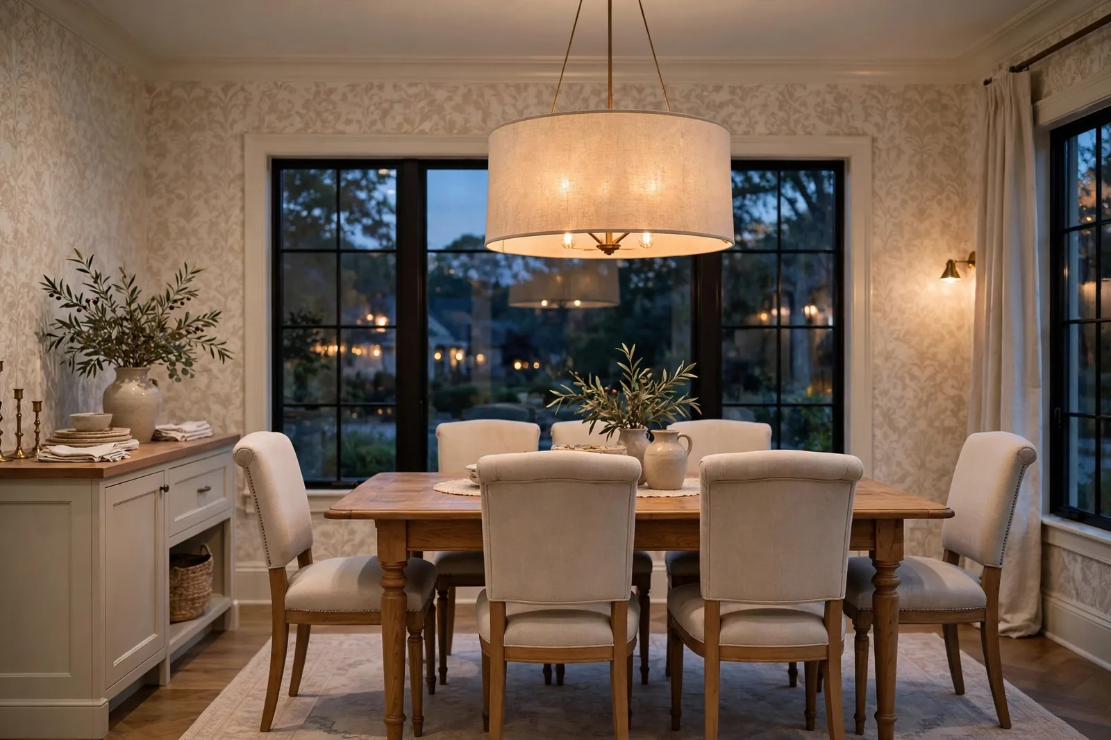 Wide linen drum shade chandelier glowing warmly over a classic wood dining table