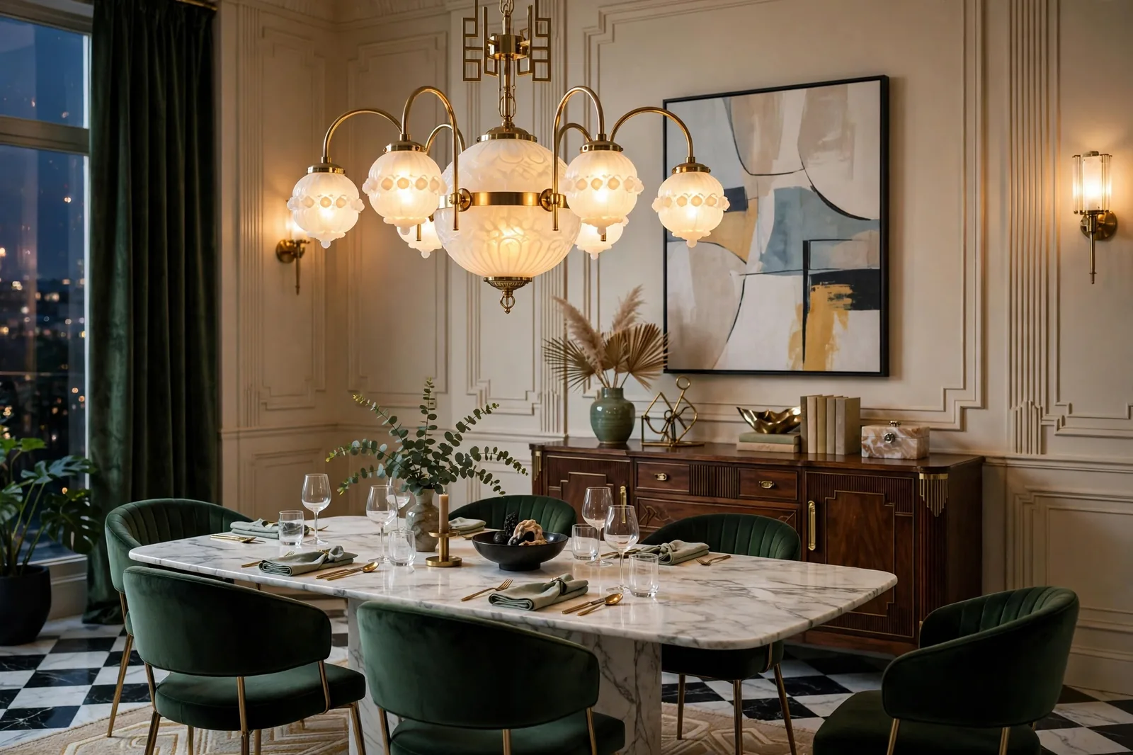Opal milk-glass globe chandelier on brass arms above a marble dining table