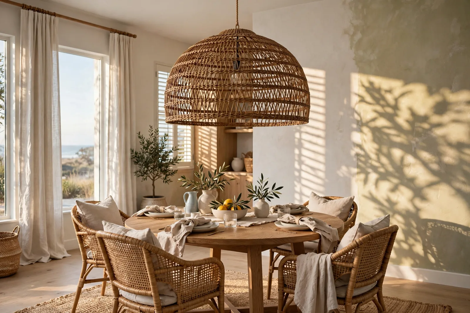 Oversized woven rattan pendant light over a round oak dining table in a coastal dining room
