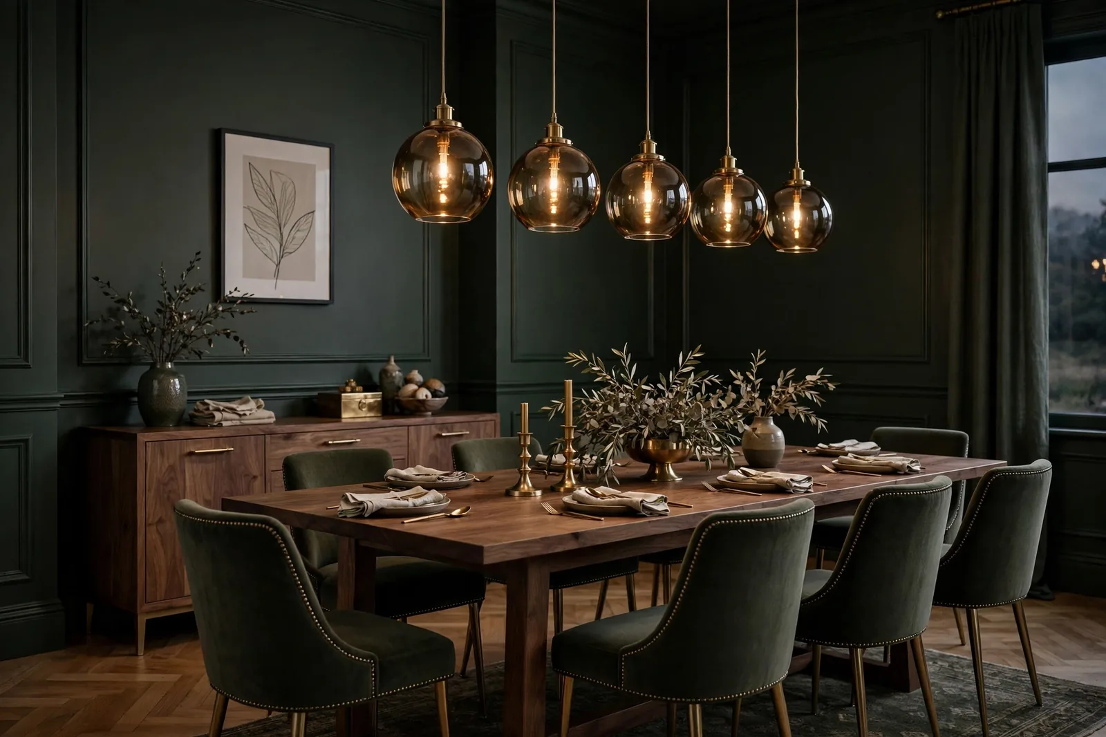 Row of smoked amber glass globe pendants over a walnut dining table