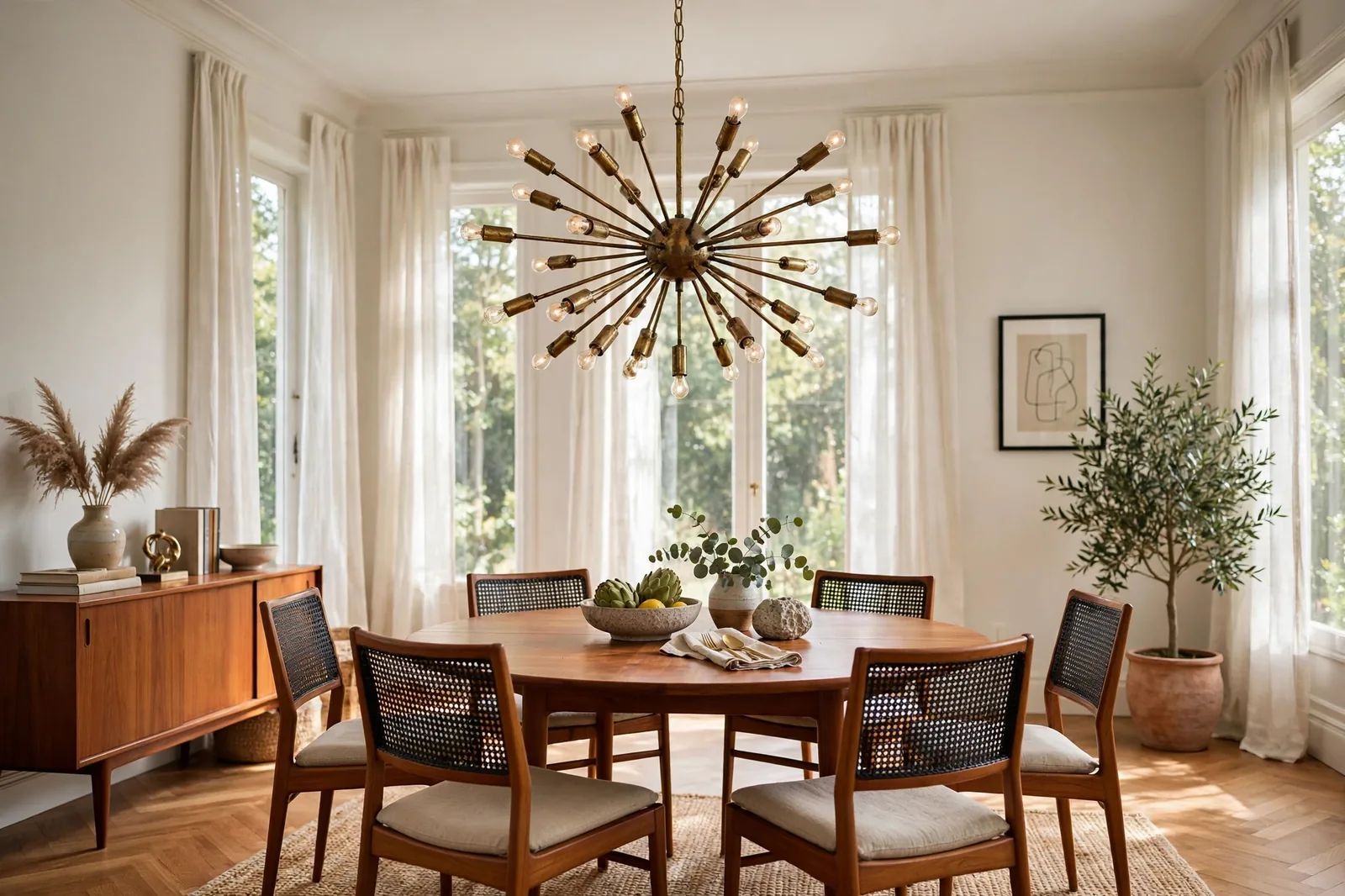 Mid-century brass sputnik starburst chandelier over a round teak dining table