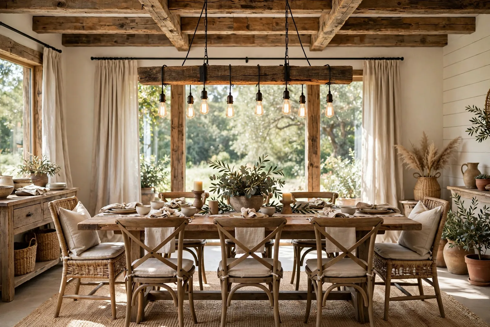 Reclaimed wood beam chandelier with Edison bulbs over a farmhouse dining table