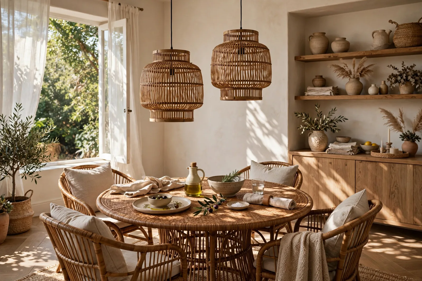 Pair of woven bamboo lantern pendant lights over a round rattan dining table