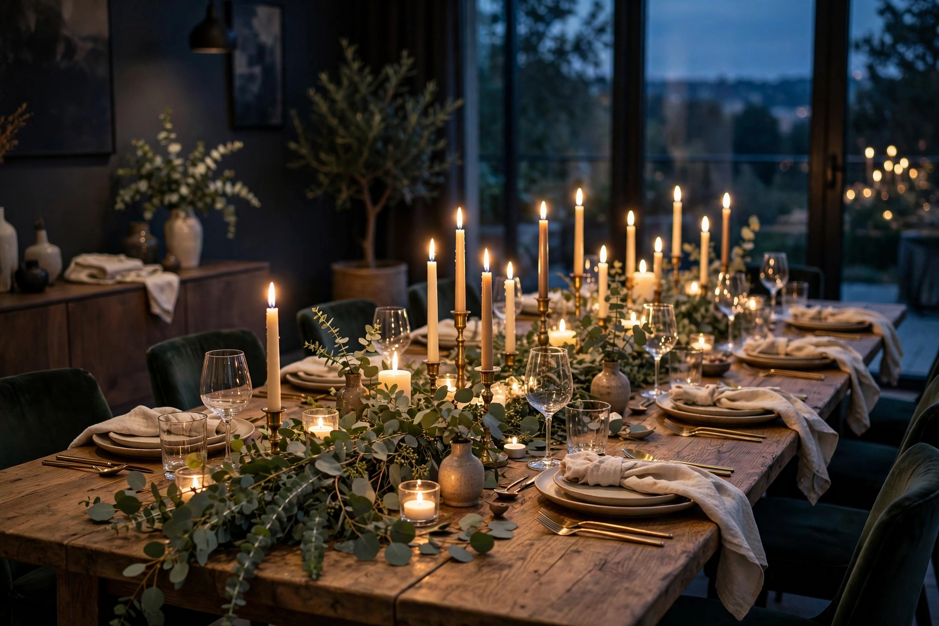 Dramatic dinner-party tablescape lit by dozens of taper and tea light candles with a low greenery garland down the centre