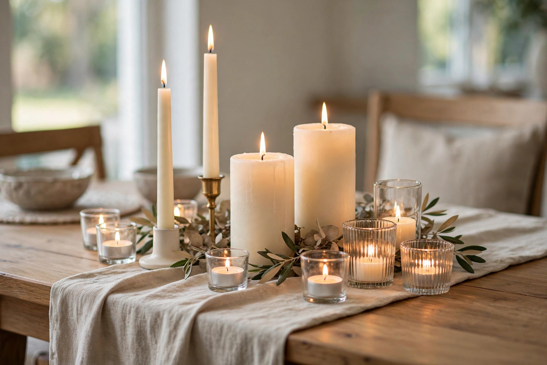 Grouping of tall tapers, medium pillar candles and small glass tea light holders in varied heights on a styled dining table