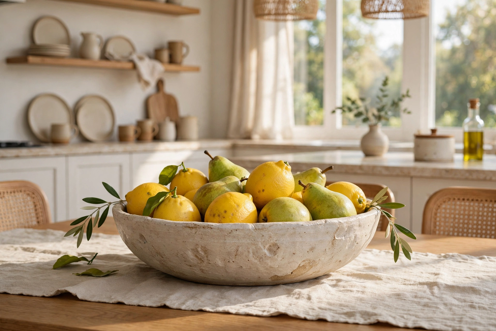 Low handmade ceramic bowl filled with fresh lemons and green pears as a dining table centerpiece in a bright kitchen-diner