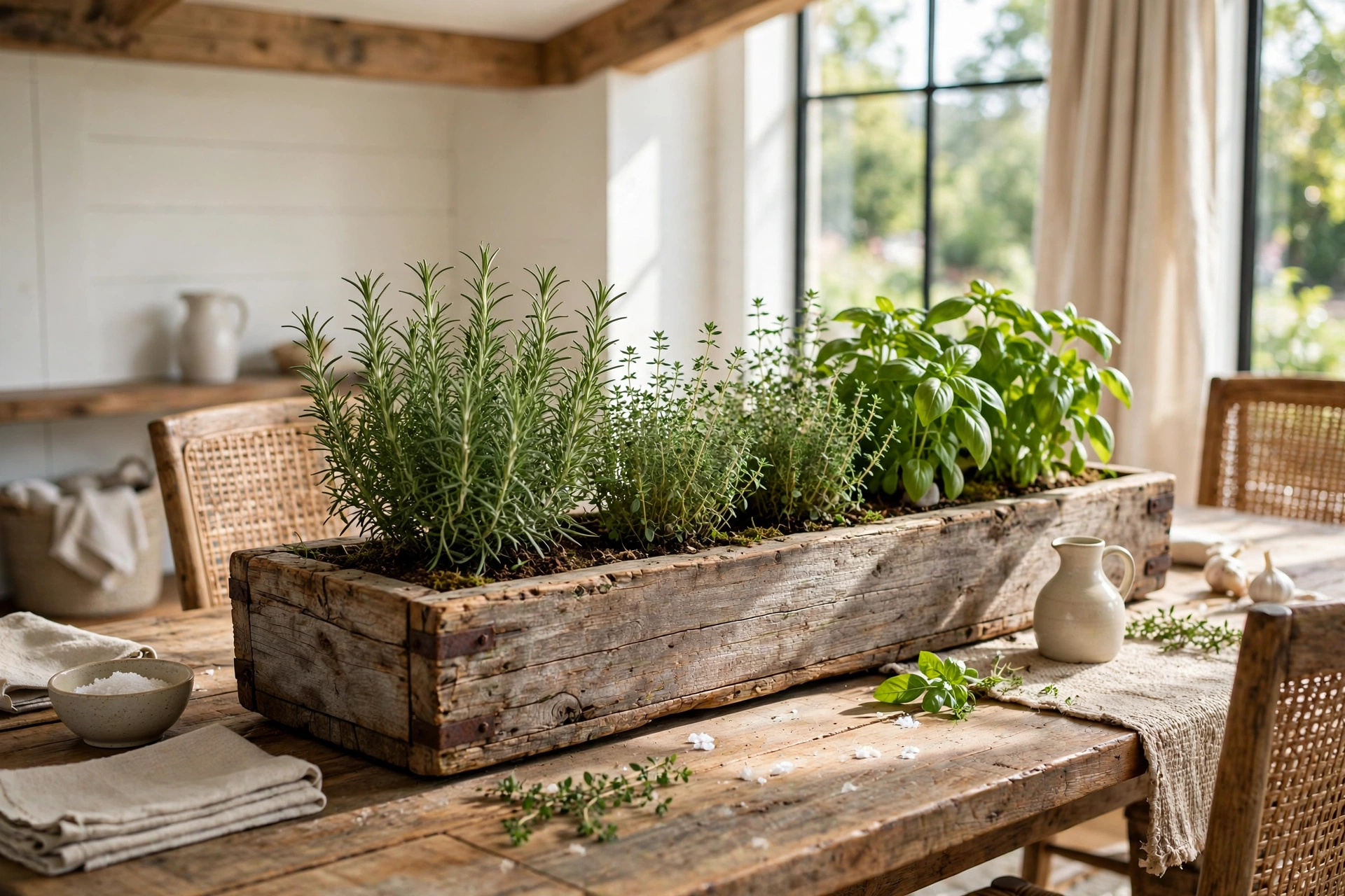 Long wooden trough planted with rosemary, thyme and basil as a living edible centerpiece on a farmhouse dining table