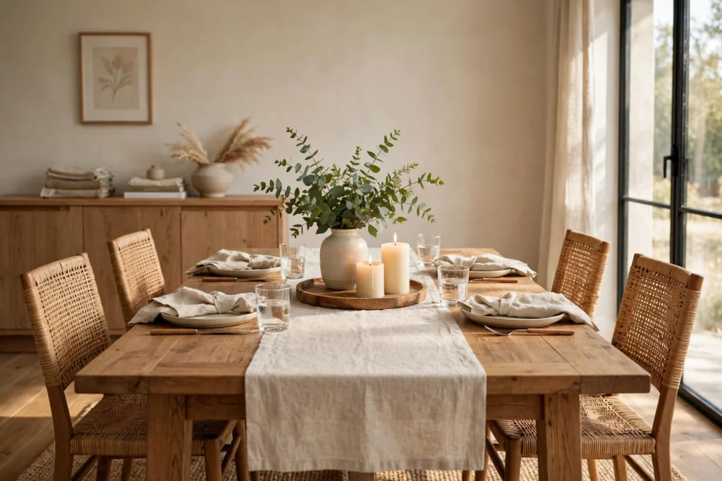 Elegant dining table styled with a natural linen runner, wooden tray centerpiece with candles and greenery, set for everyday meals in warm daylight