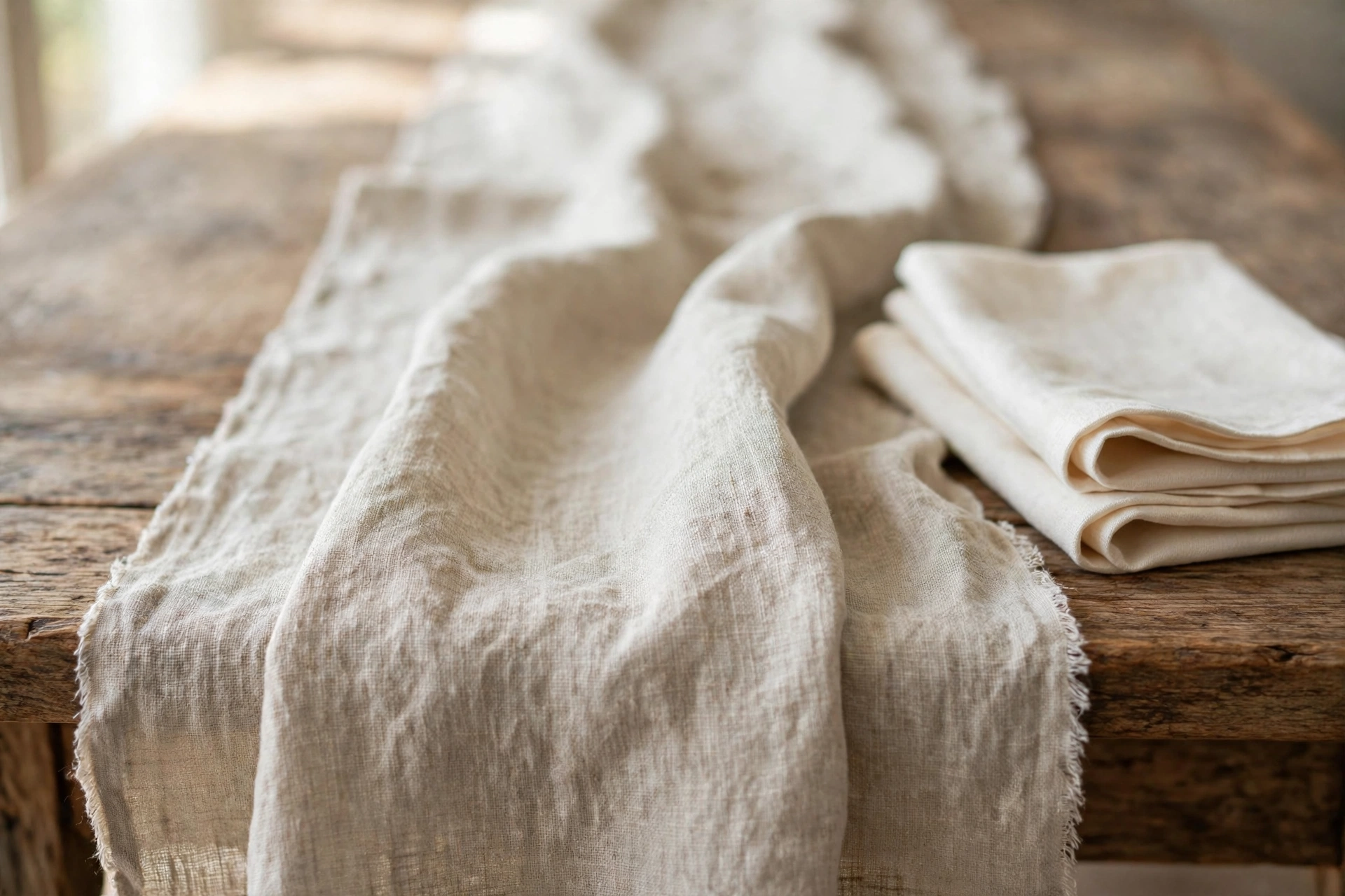 Close view of a natural oatmeal linen runner laid down the centre of a wooden dining table with folded napkins beside it