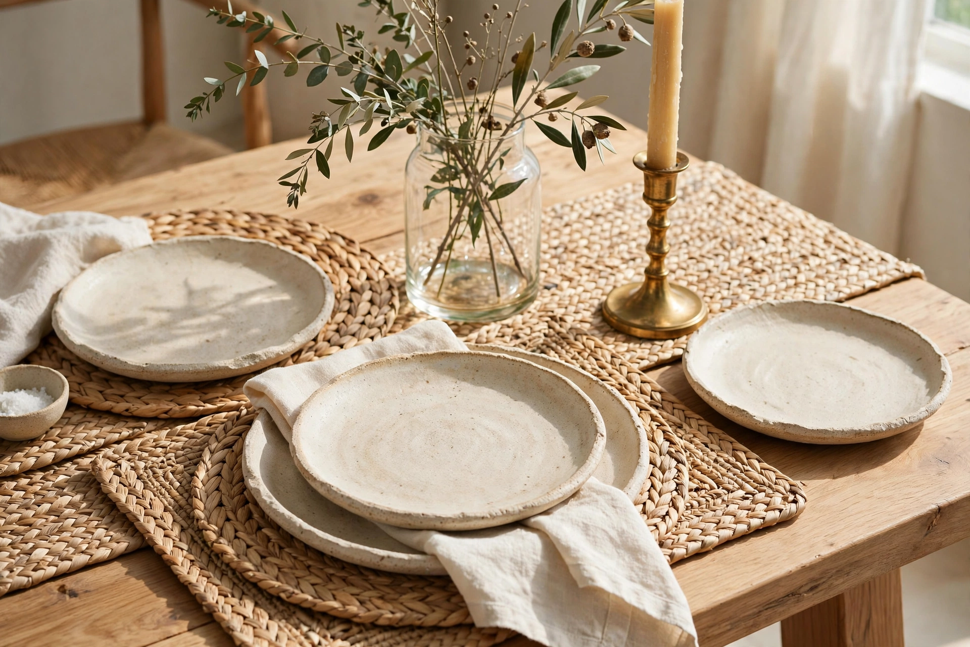 Dining table layering woven placemats, stoneware plates, a glass vase and brass candlestick for rich texture contrast