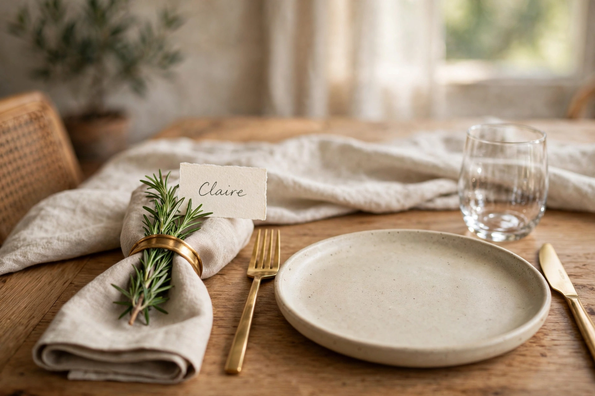 Place setting with handwritten name card, rosemary sprig tied to a linen napkin and a brass napkin ring for a hosted dinner