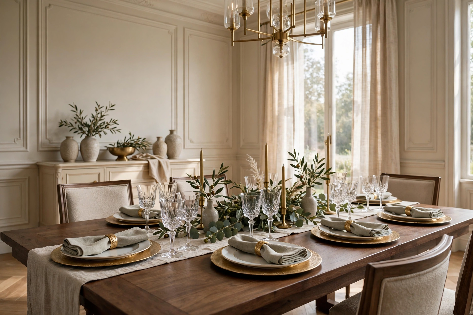 Formal place settings with gold chargers, cloth napkins and layered dinnerware ready for hosting a dinner party