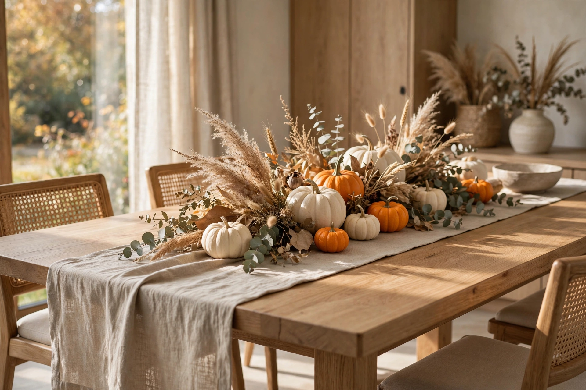 Dining table with autumn styling: dried grasses, small pumpkins and eucalyptus arranged along a neutral runner