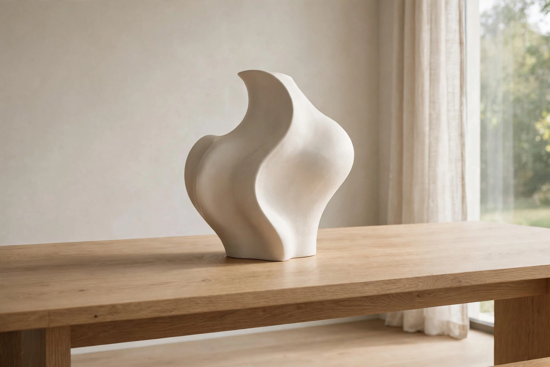 Single large sculptural ceramic vase with an organic curved silhouette as the only centerpiece on a minimal dining table