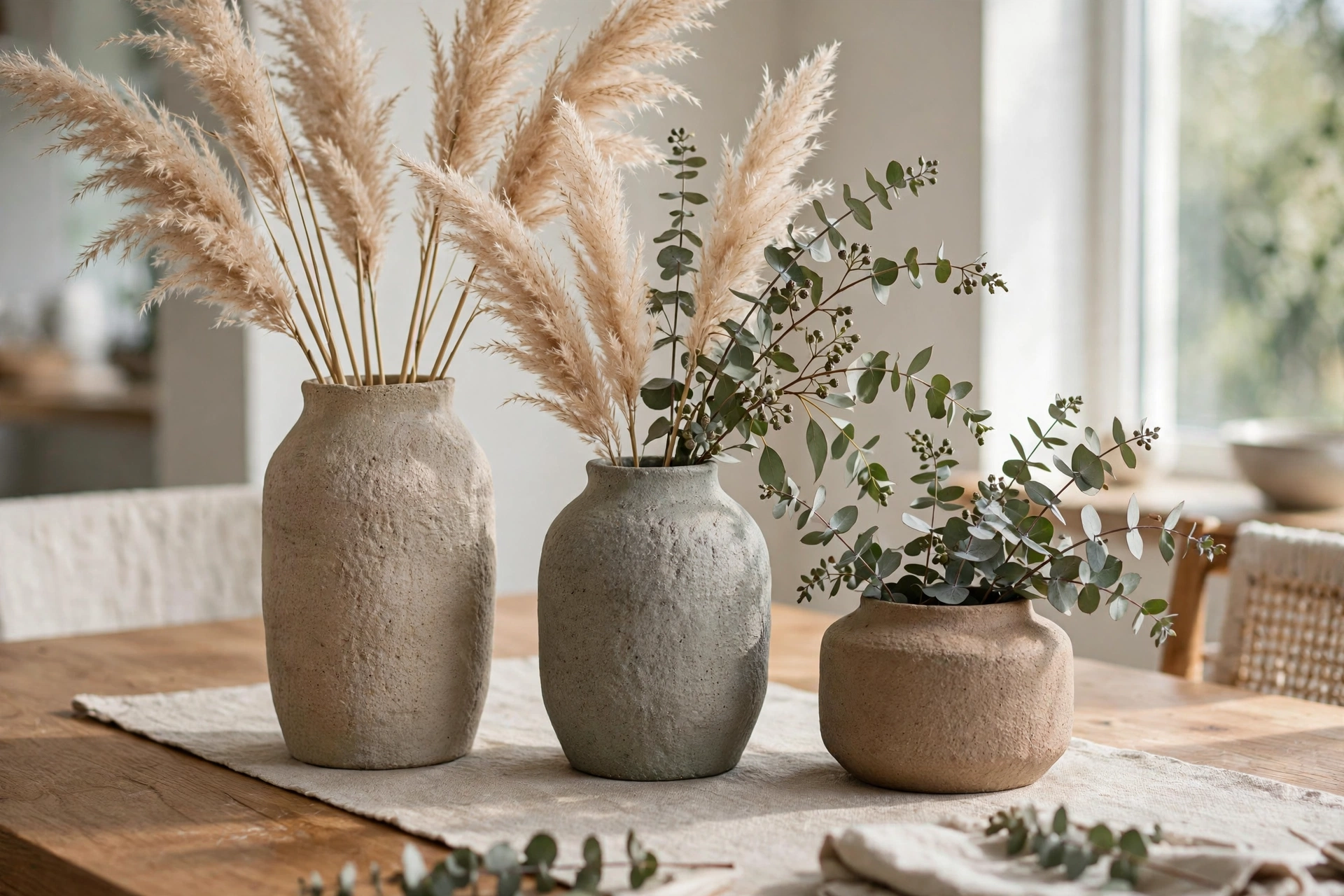 Trio of stoneware vases in graduating heights with dried pampas grass and eucalyptus on a dining table runner