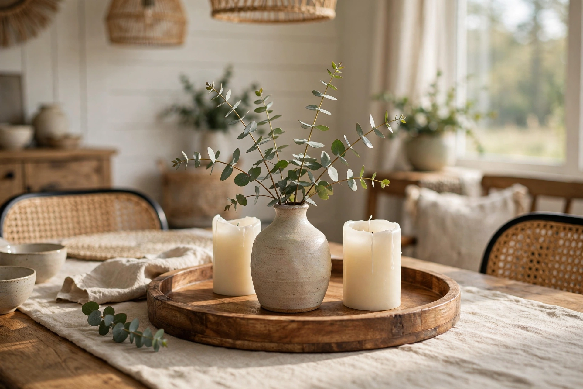 Round wooden tray centerpiece holding a small ceramic vase with eucalyptus and two pillar candles on a dining table