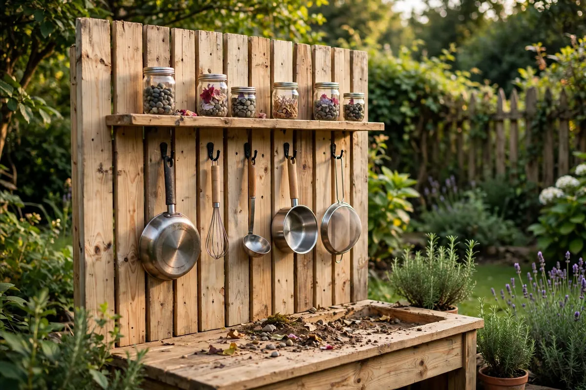 Mud kitchen backsplash wall of wooden slats with hooks holding kids cooking utensils