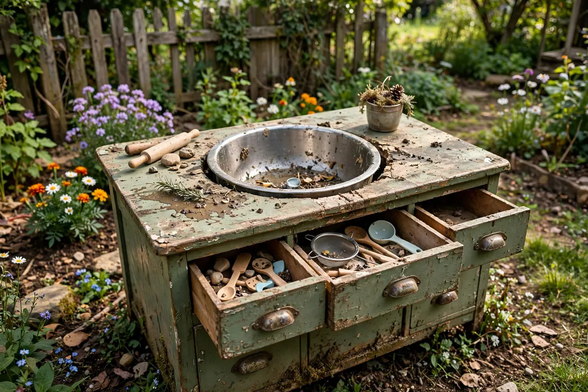 Mud kitchen converted from a second-hand wooden desk with bowl cut into the top, outdoors
