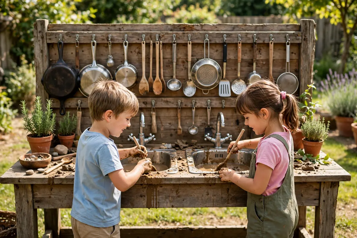 Long double-width mud kitchen with two sinks for siblings playing side by side in a backyard