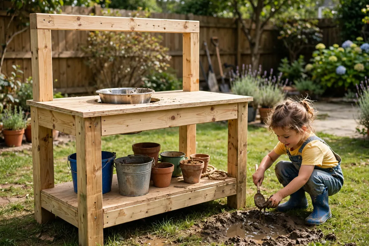 DIY pallet mud kitchen built from reclaimed heat-stamped pallets with stainless bowl sink in a backyard
