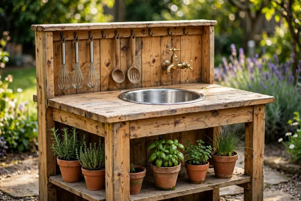 Wooden DIY mud kitchen with sink bowl, brass tap and utensil hooks in a sunny backyard garden