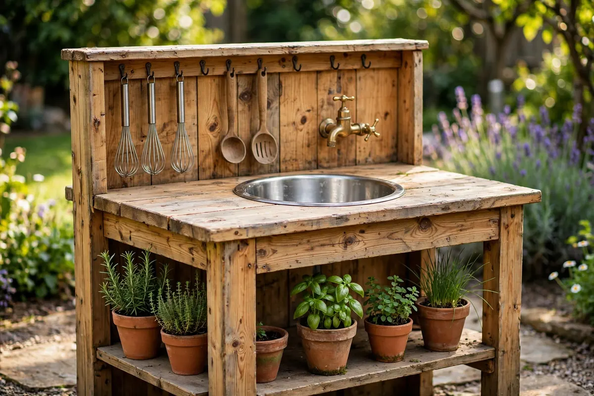 Wooden DIY mud kitchen with sink bowl, brass tap and utensil hooks in a sunny backyard garden