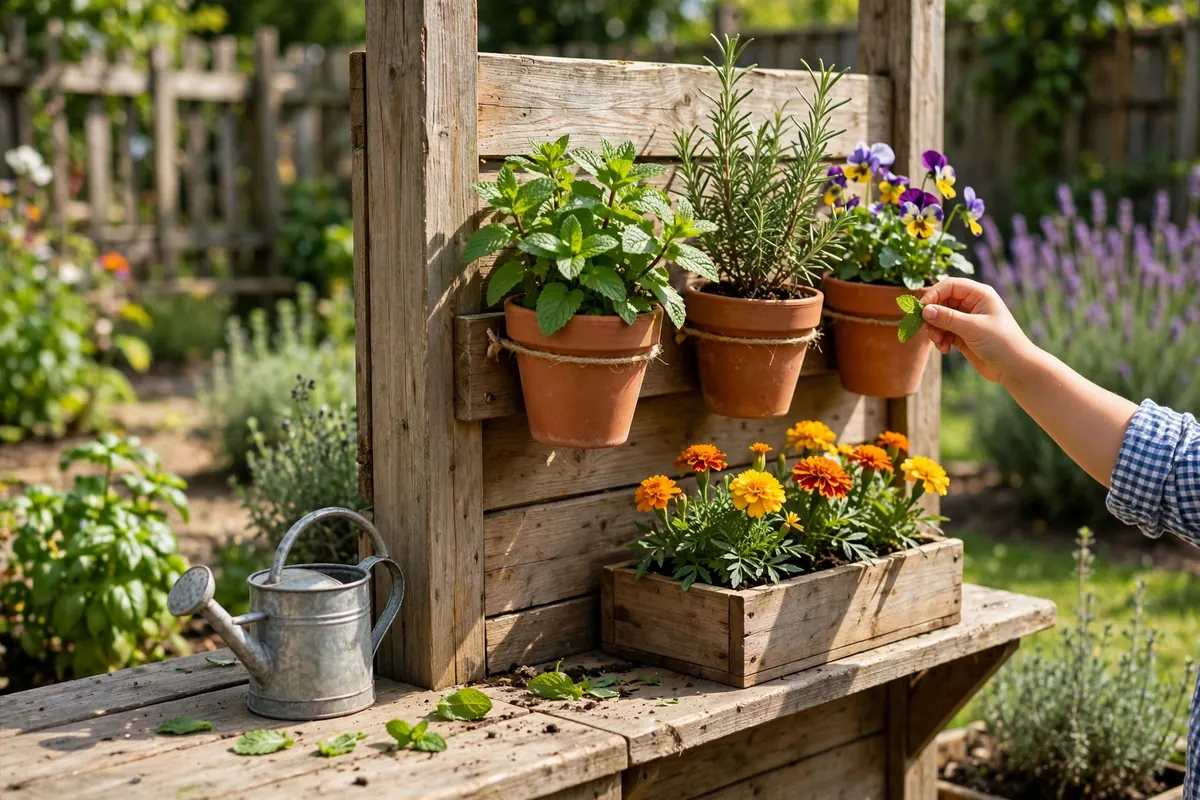 Mud kitchen side station planted with herbs and flowers for kids to use as cooking ingredients