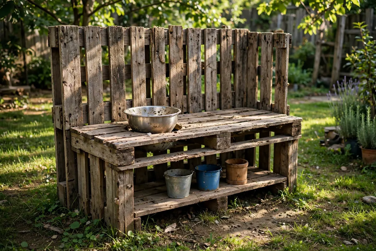DIY pallet mud kitchen built from reclaimed heat-stamped pallets with stainless bowl sink in a backyard