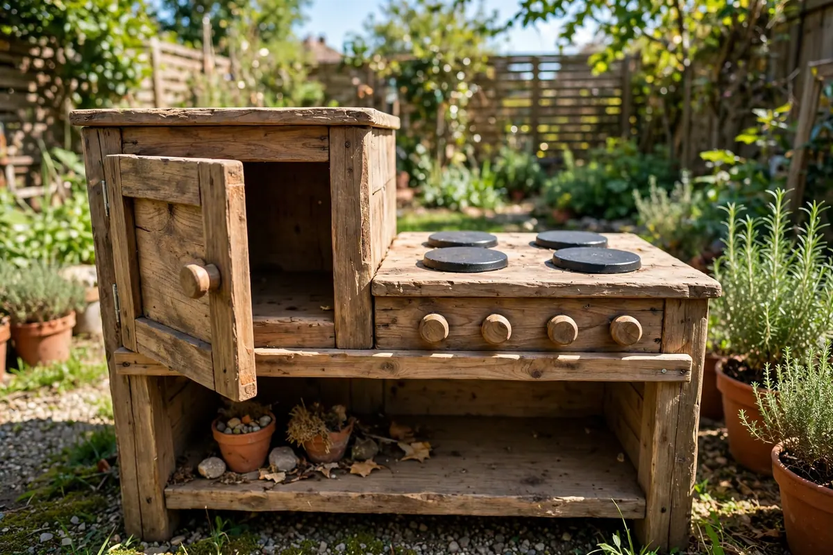 Mud kitchen front with play oven door, black hob rings and wooden control knobs