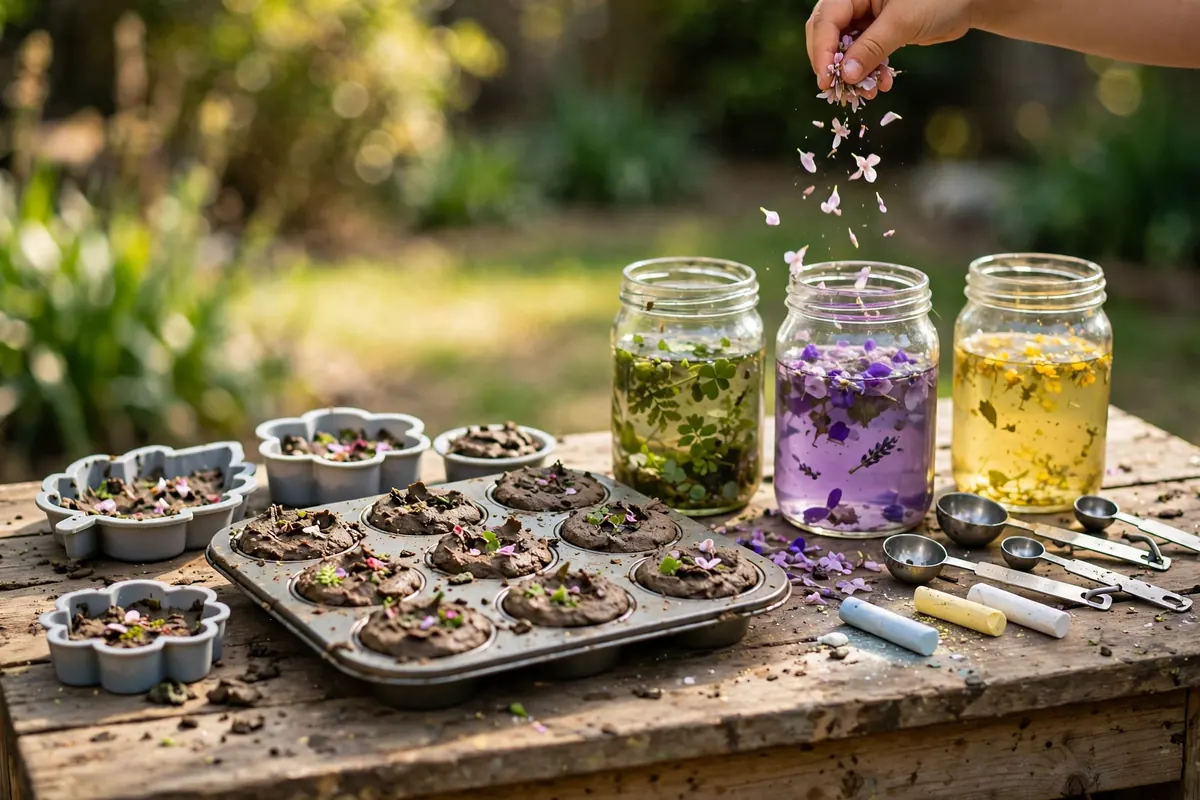 Mud pie and potions station with jars, muffin trays and moulds on a mud kitchen counter