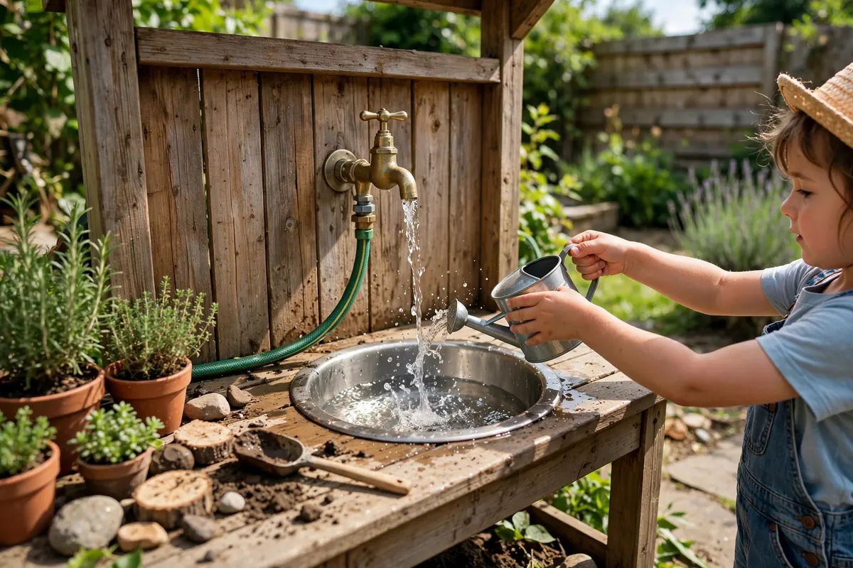 Mud kitchen with running-water tap mounted on the backsplash over a sink bowl