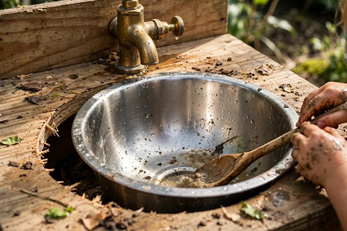 Close-up of a stainless steel bowl sink cut into a wooden mud kitchen countertop