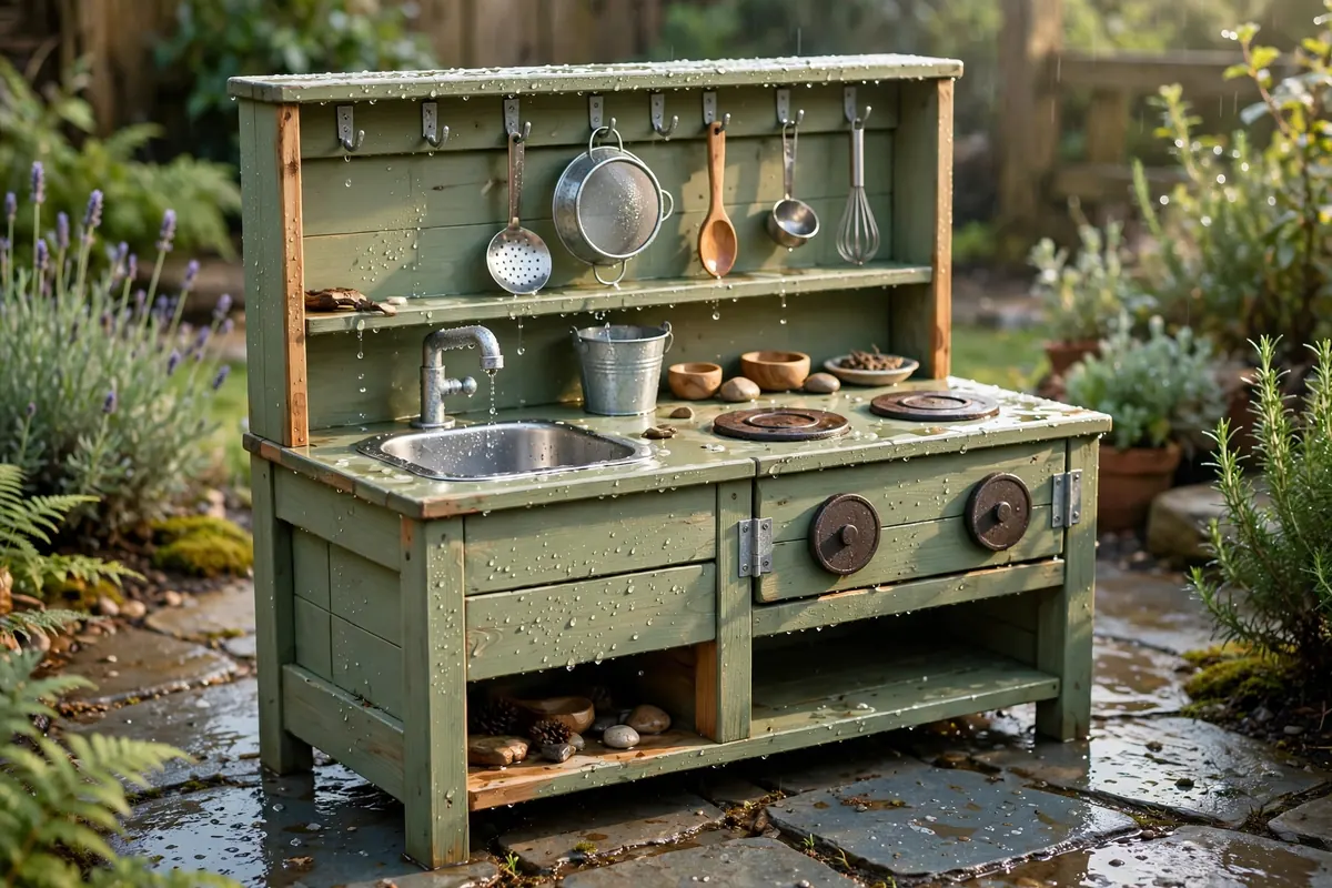Sealed wooden mud kitchen after weatherproofing with exterior paint, standing in a garden