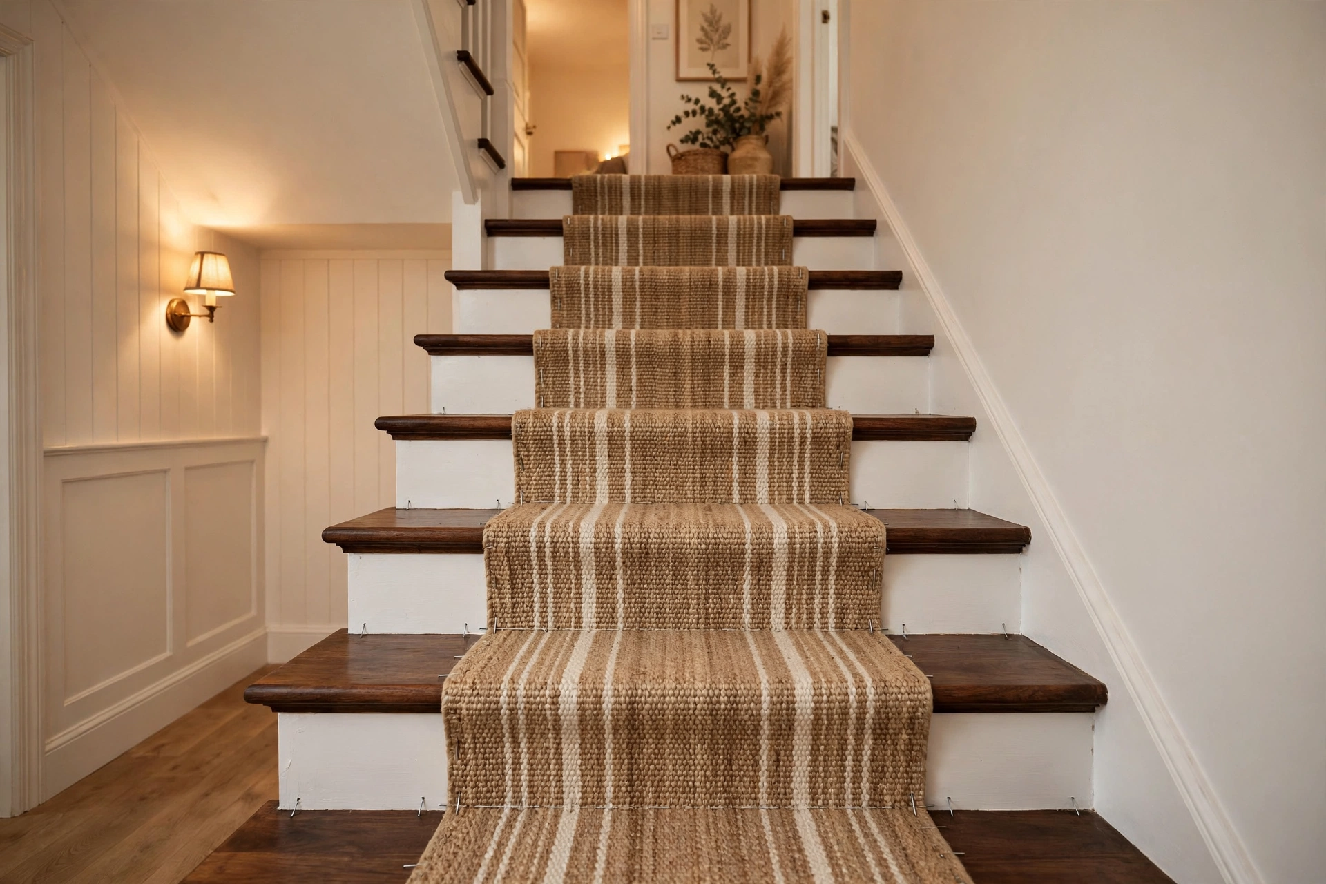 Wooden staircase with a natural jute DIY stair runner laid down the middle
