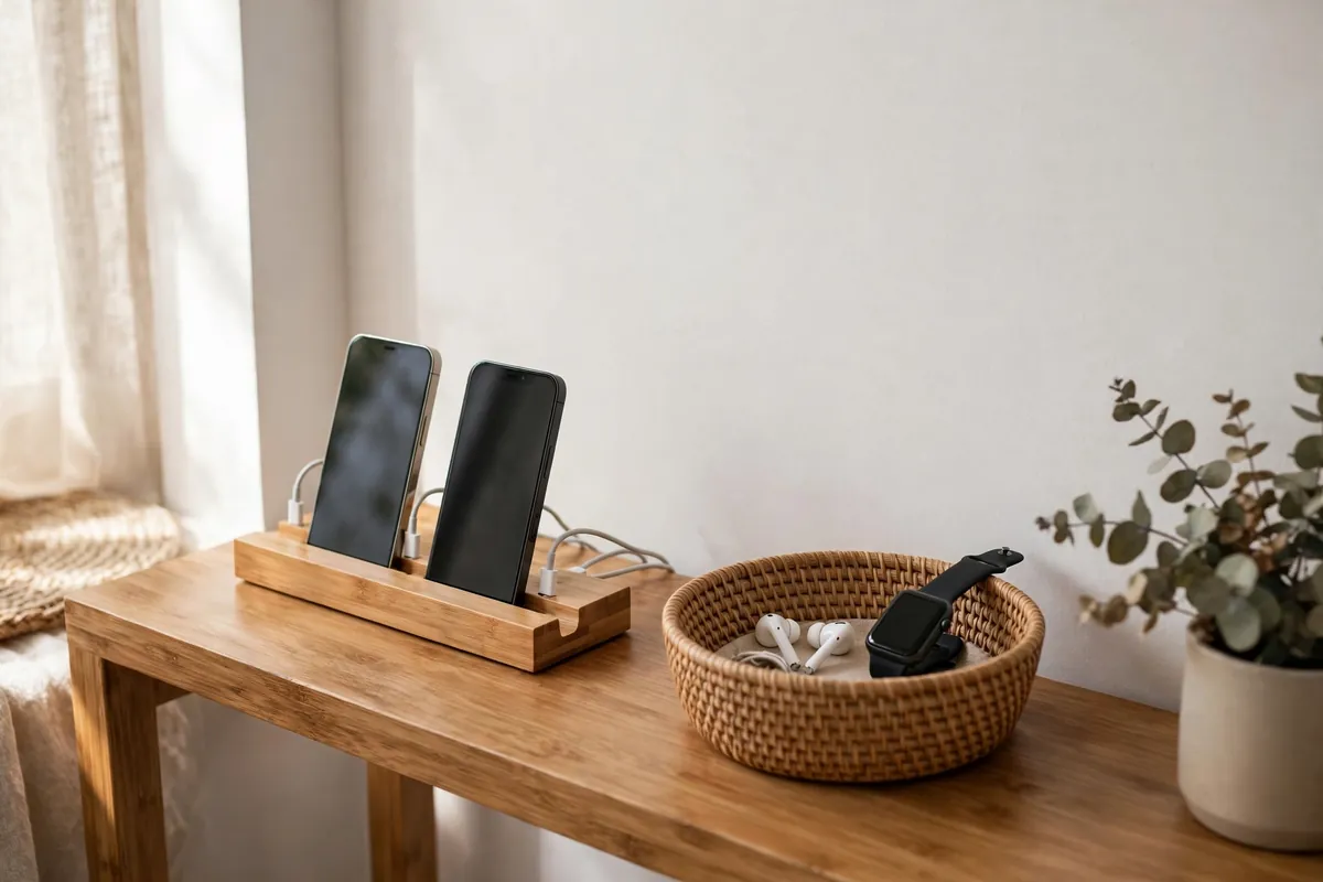 Slim bamboo charging station on an entryway console with two phones docked and short cables, beside a woven basket holding earbuds and a smartwatch.