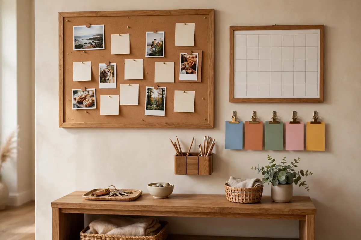 Entryway family command center wall with a framed cork board of notes and photos, a monthly calendar, metal clips holding appointment cards and a wall-mounted pen pot.