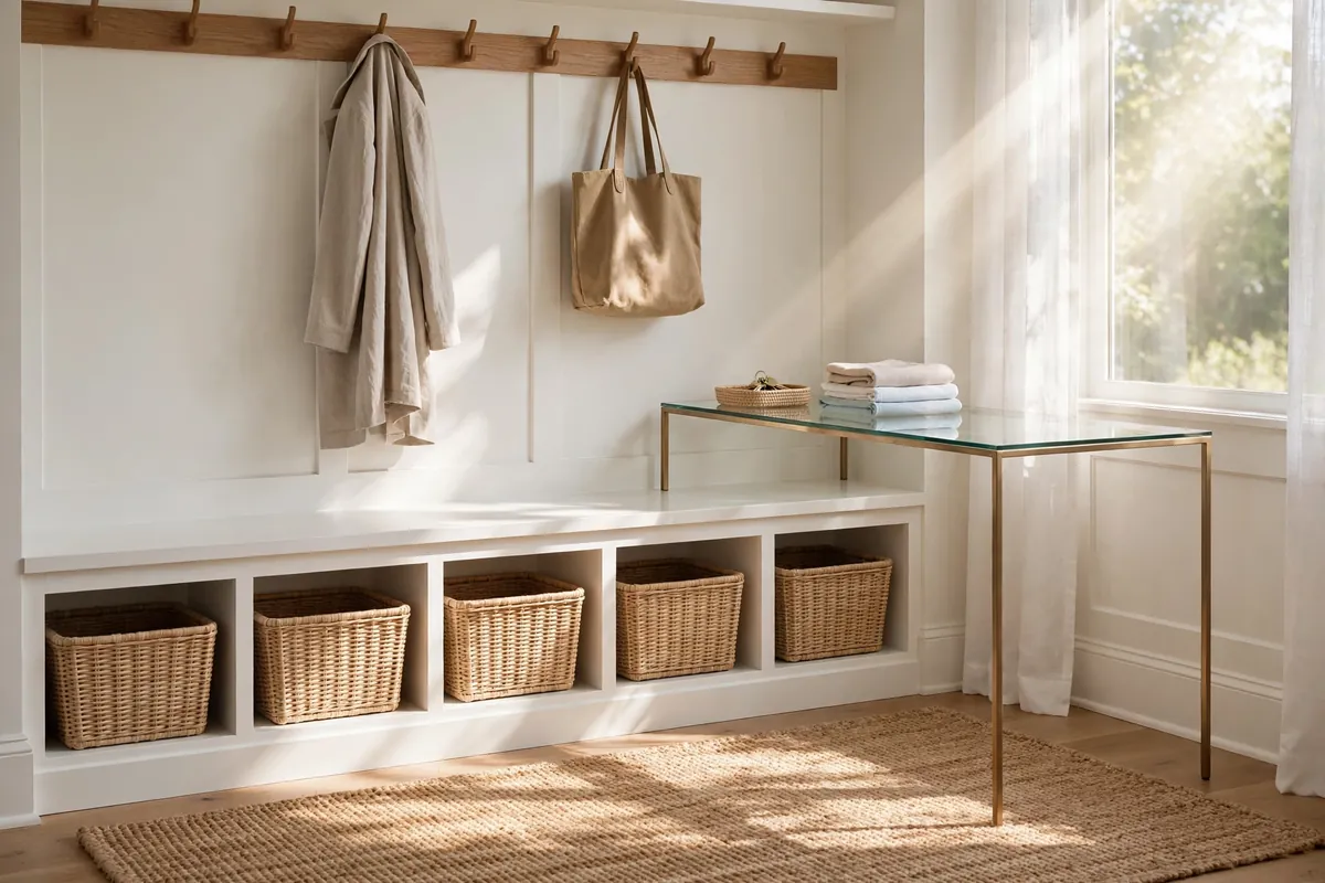Perfectly tidy bright entryway drop zone in morning light: white bench with arranged shoe cubbies, tidy baskets, hooks with one coat and one bag, and a clear console with a key tray