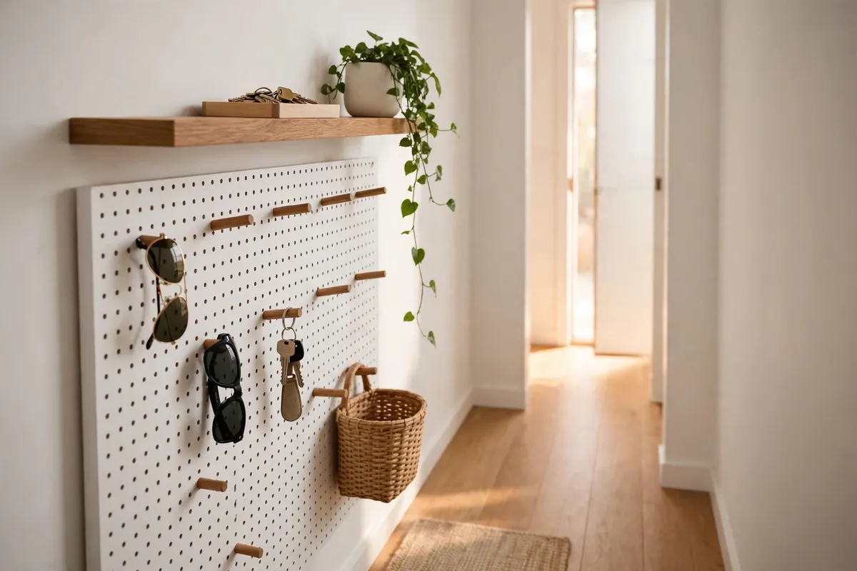 Narrow hallway drop zone with a white pegboard panel and adjustable wooden pegs holding sunglasses, keys and a basket, below a slim oak floating shelf with a key tray and plant.